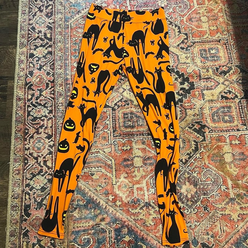 Halloween Themed Orange Leggings black and orange cats bats spiders
